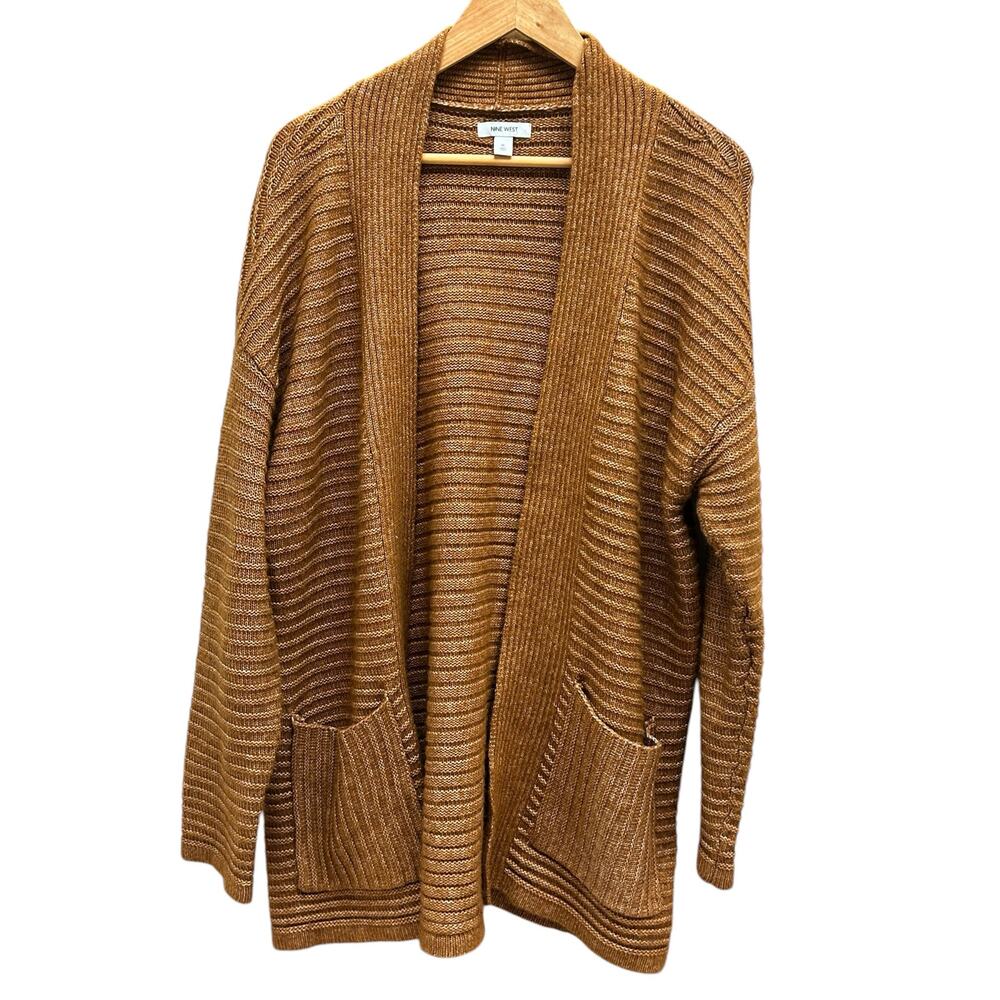 Nine West Brown Open Front‎ Long Cardigan XL Lightweight Knit Layering